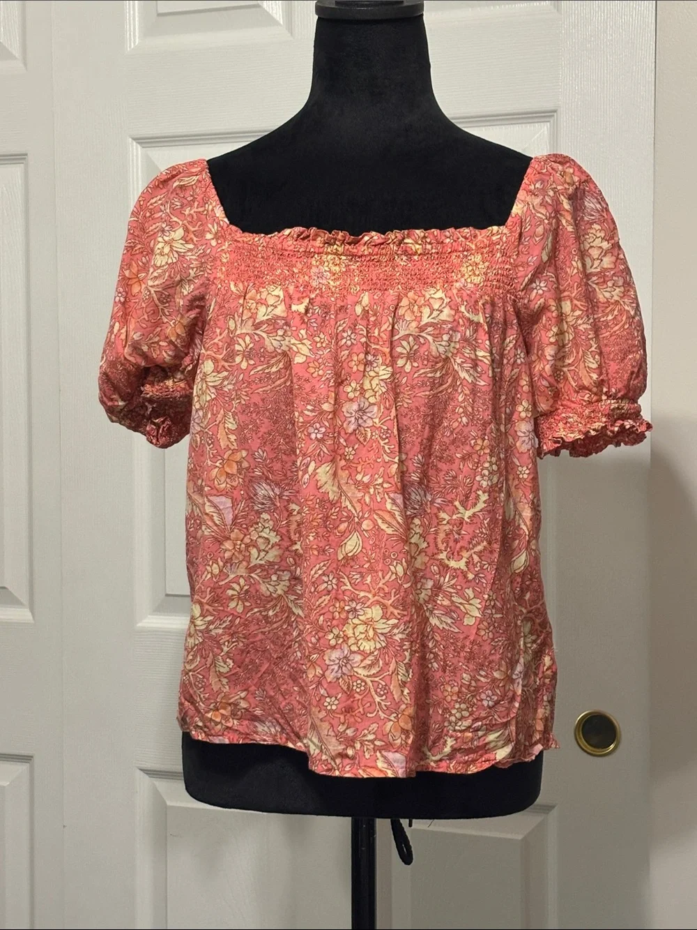 J. Crew Bouquet Block Print Puff Sleeve Smocked Square Neck Top Women’s Size S